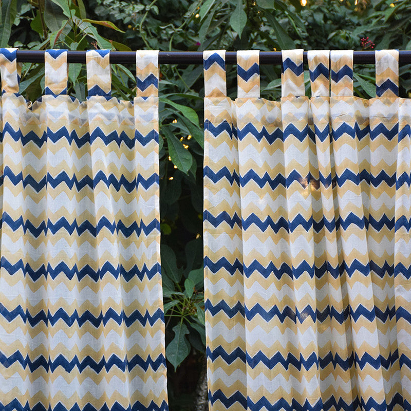 Handblock Printed | Mul Cotton Curtain | Blue & Beige