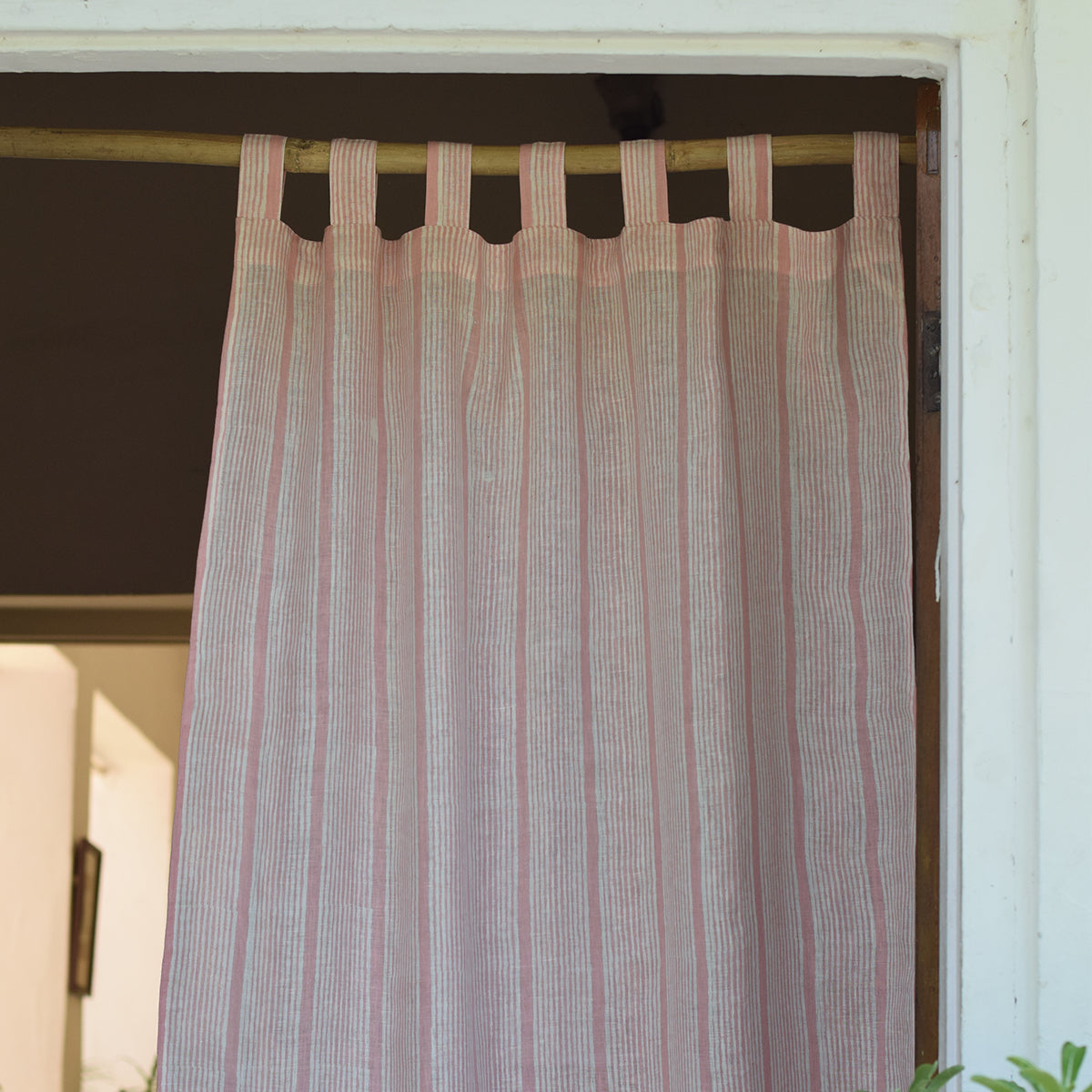 Linen Curtain | Striped | White & Pink By Taru Jaipur