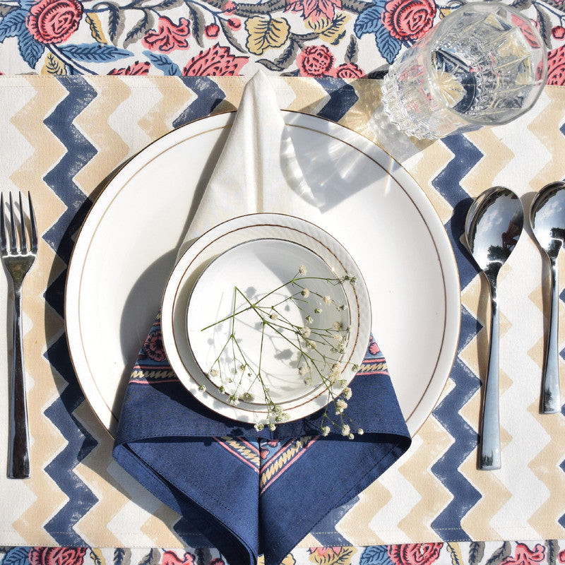 Handblock Printed | Cotton Table Mats | Set of 2 | Blue & Beige