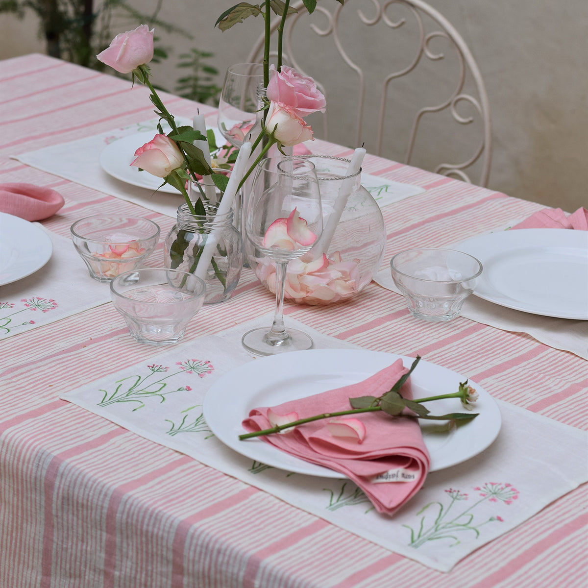 Linen Dining Table Mats | Placemats | Printed | Set of 2 | White & Pink By Taru Jaipur