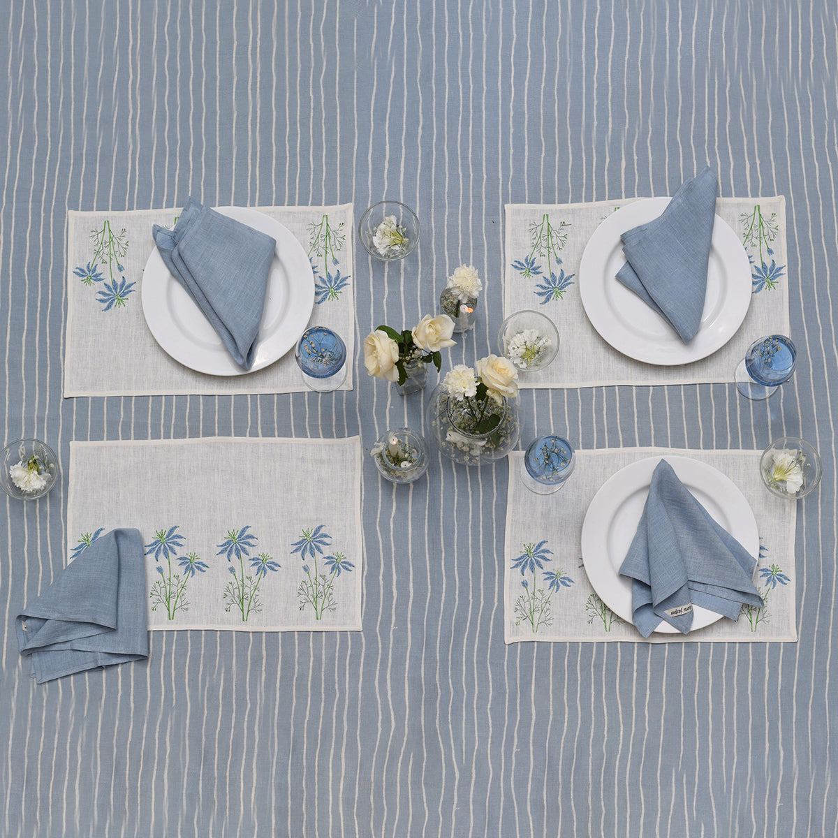 Linen Dining Table Mats | Placemats | Printed | Set of 2 | White & Blue By Taru Jaipur