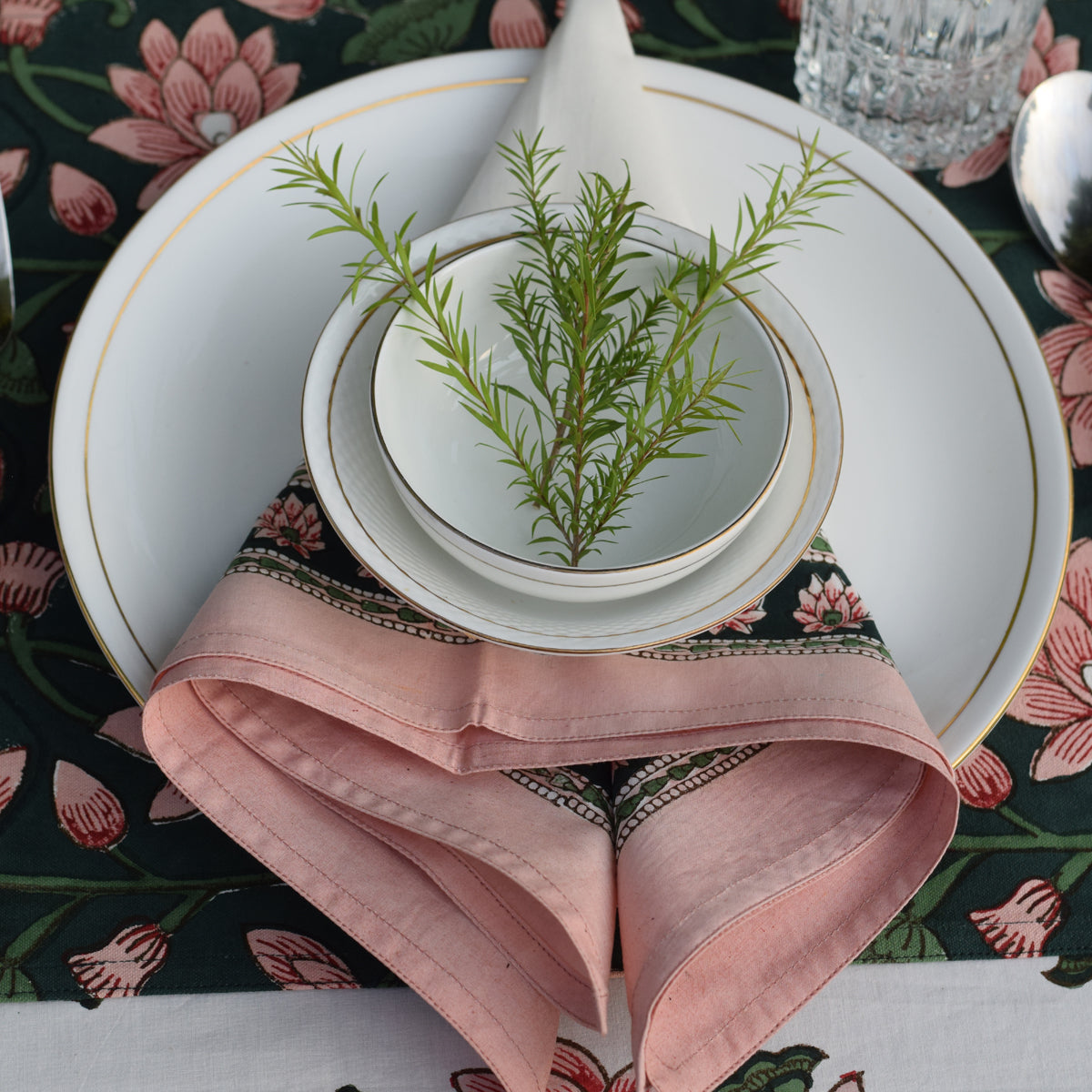 Handblock Printed | Cotton Napkins | Set of 2 | Pink & Green By Taru Jaipur