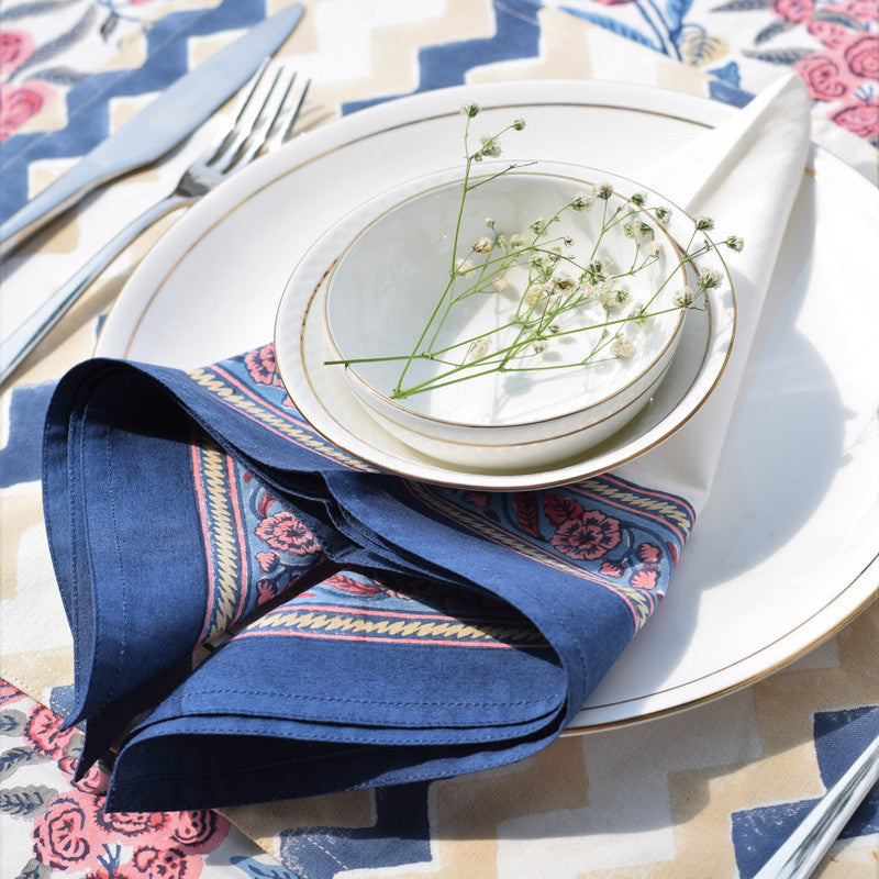 Handblock Printed | Cotton Napkins | Set of 2 | Blue & Beige