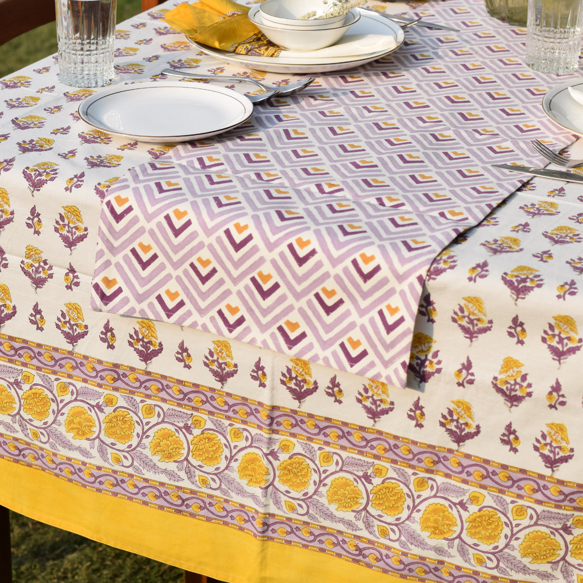 Handblock Printed | Cotton Canvas Runner | Yellow & Purple