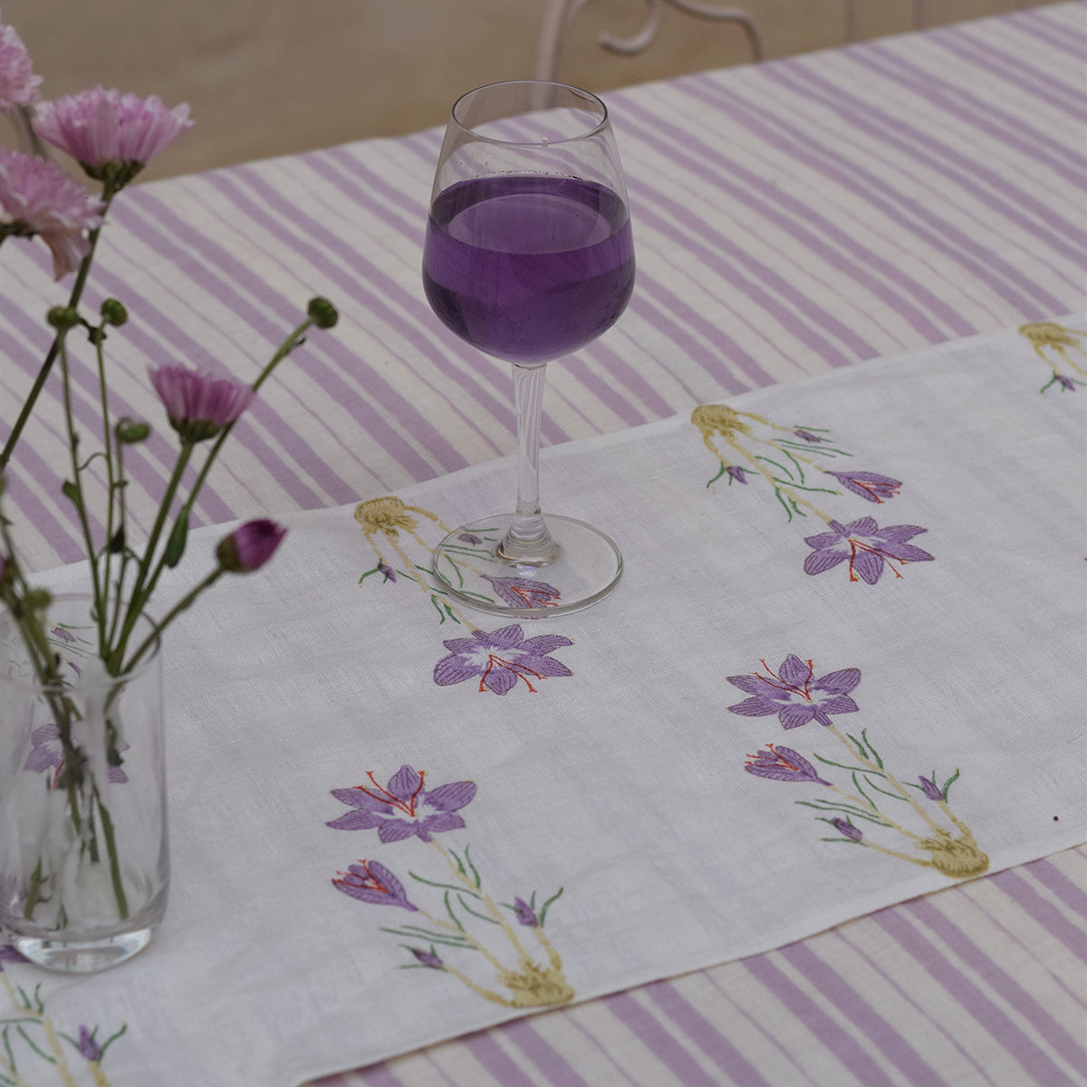 Linen Table Runner | Printed | White & Purple By Taru Jaipur
