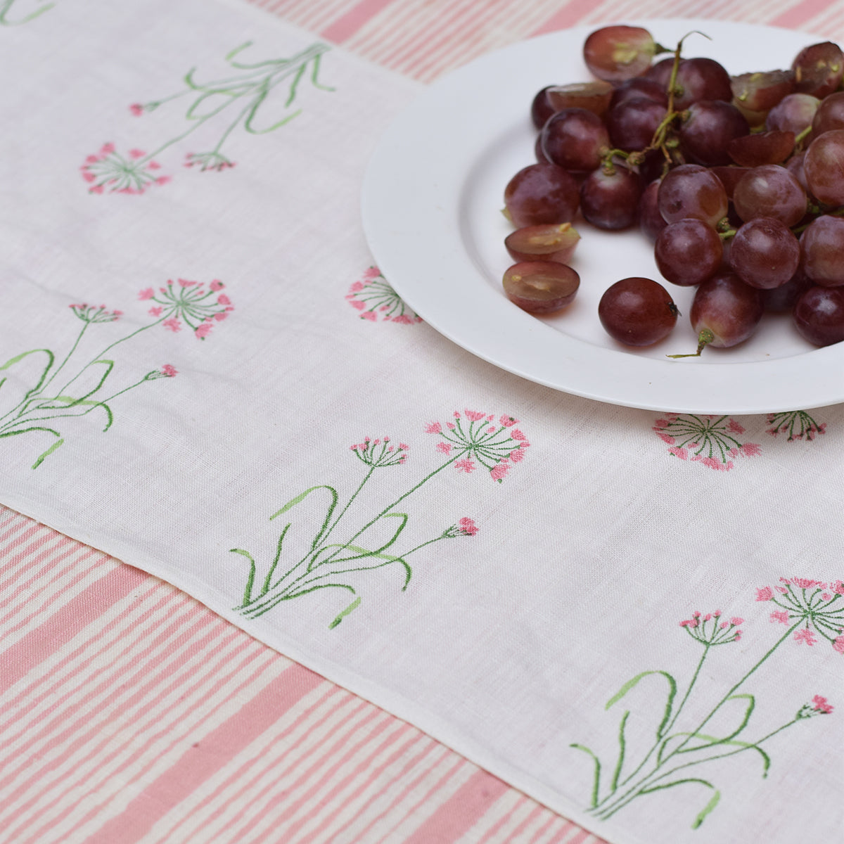 Linen Table Runner | Printed | White & Pink By Taru Jaipur