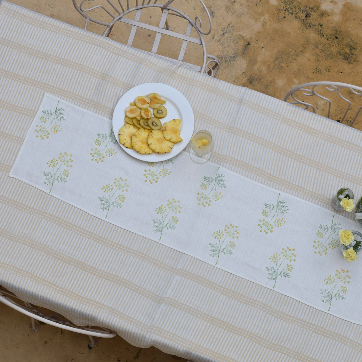 Linen Table Runner | Printed | White & Beige By Taru Jaipur
