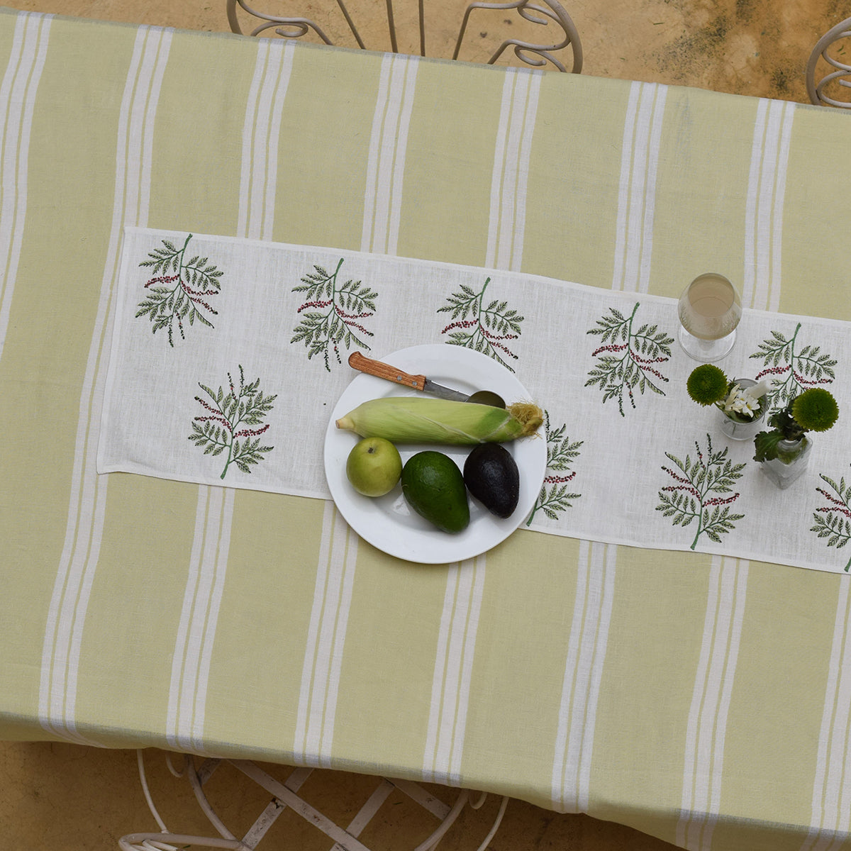 Linen Table Runner | Printed | White & Green