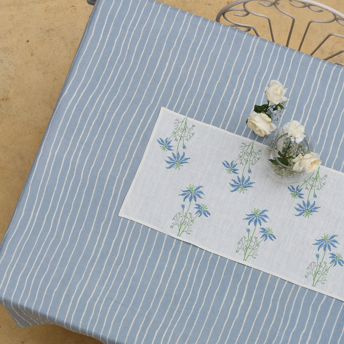 Linen Table Runner | Printed | White & Blue
