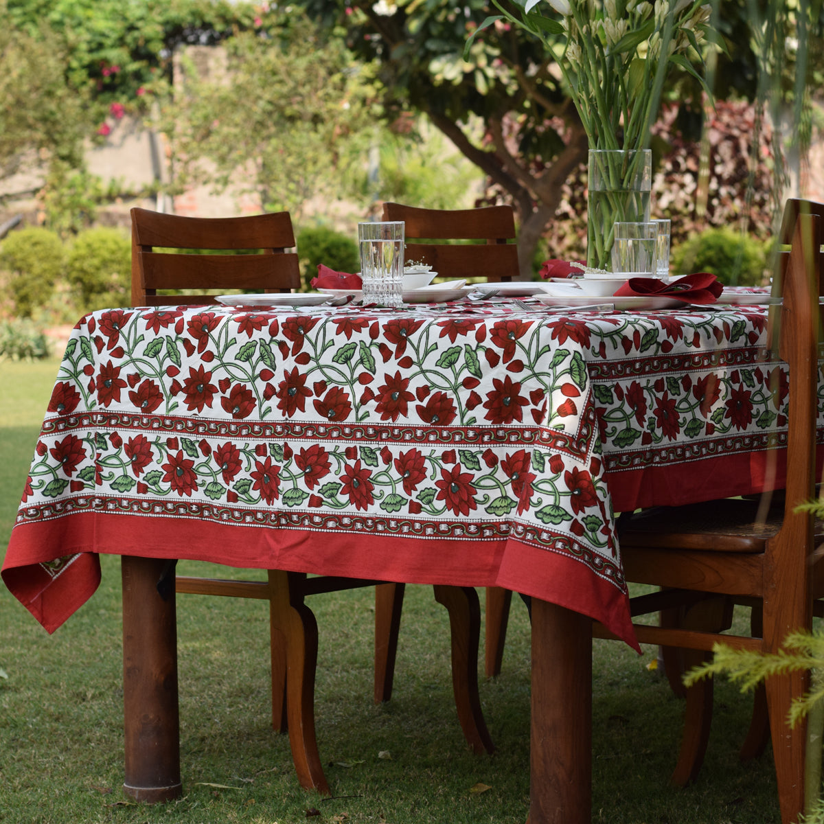 Handblock Printed |Cotton Table Cover | Maroon & Green By Taru Jaipur