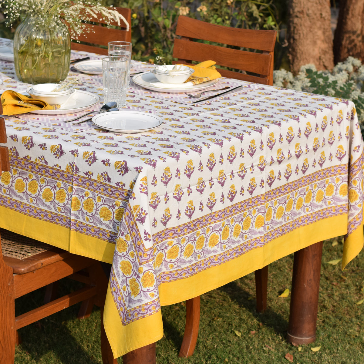Handblock Printed |Cotton Table Cover | Yellow & Purple By Taru Jaipur
