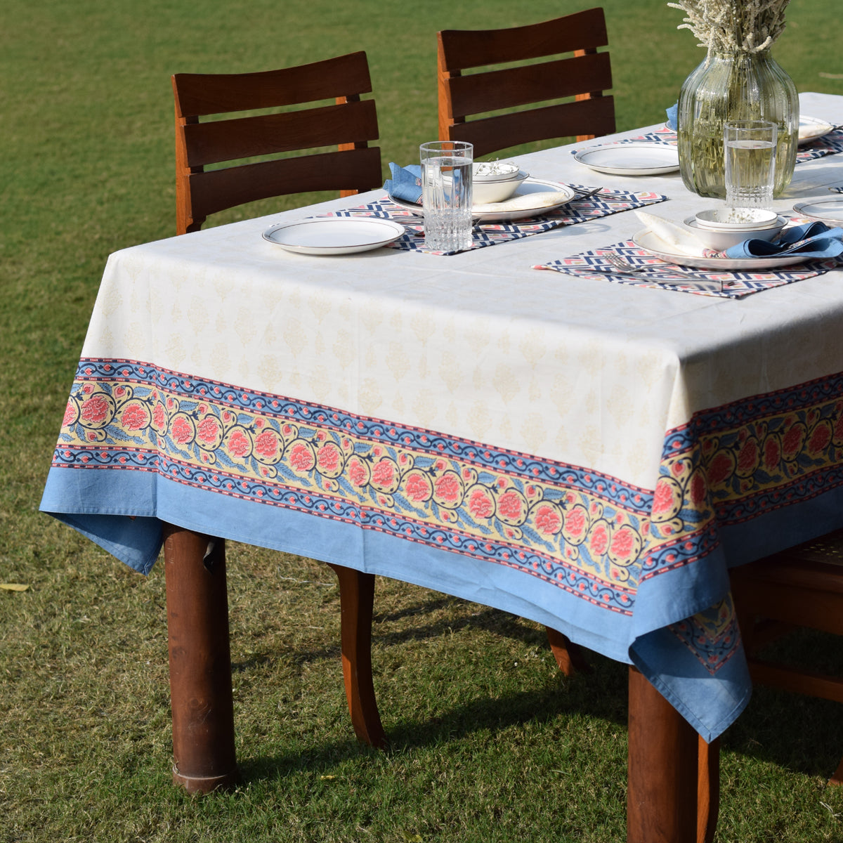 Handblock Printed | Cotton Table Cover | Blue & Pink