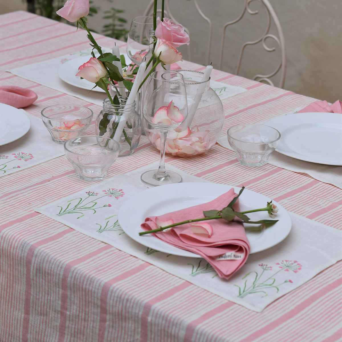 Linen Table Cover | Striped | Pink By Taru Jaipur