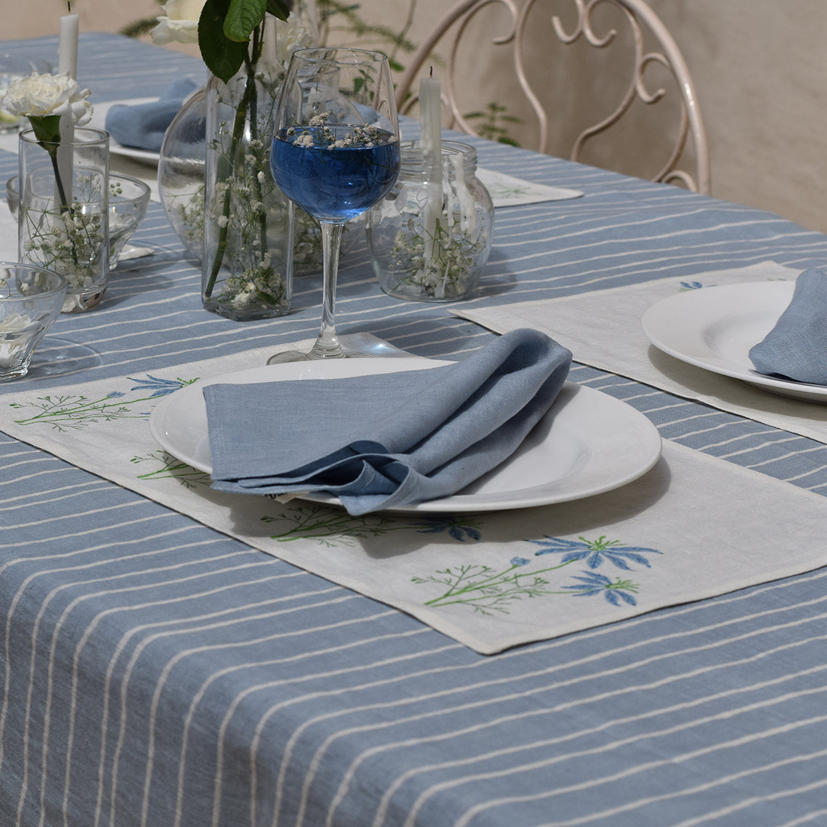Linen Table Cover | Striped | Blue By Taru Jaipur