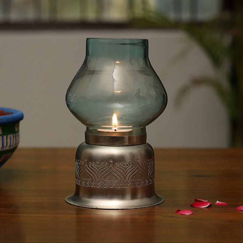Silver Plated Candle Base With Glass Chimney | Blue By Nakshikathaa