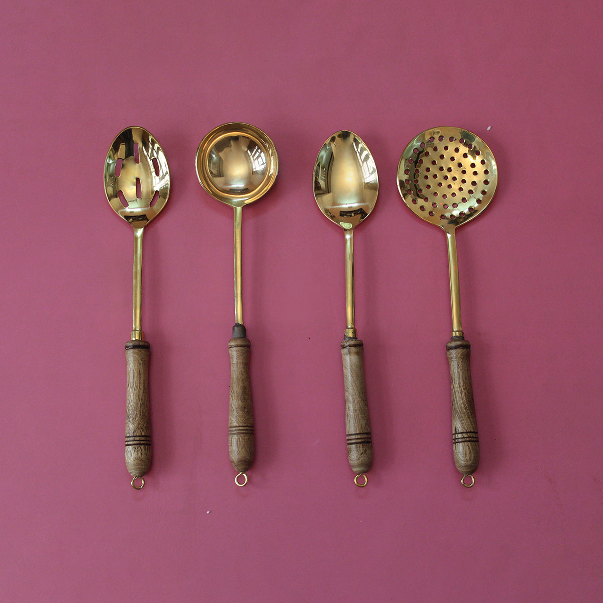 Brass Utensils | Ladles with Wooden Handles | 9 inches | Set of 4 By Indian Bartan