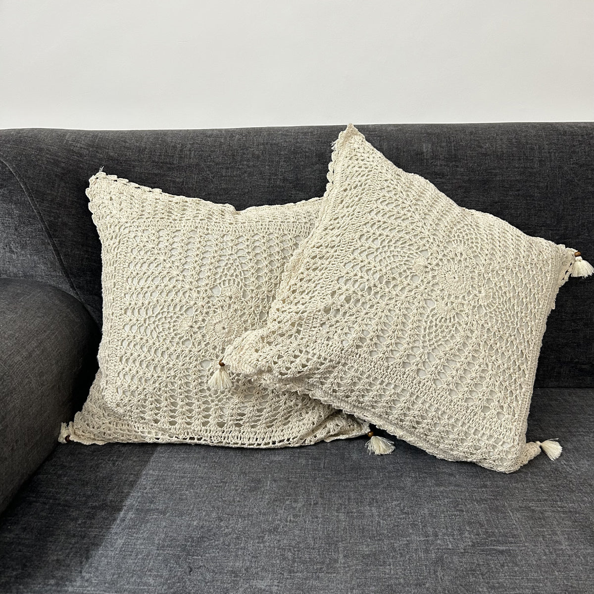 Cotton Crochet Cushion Cover | Floral Design | Off-White | Set of 2 By IKRIITM