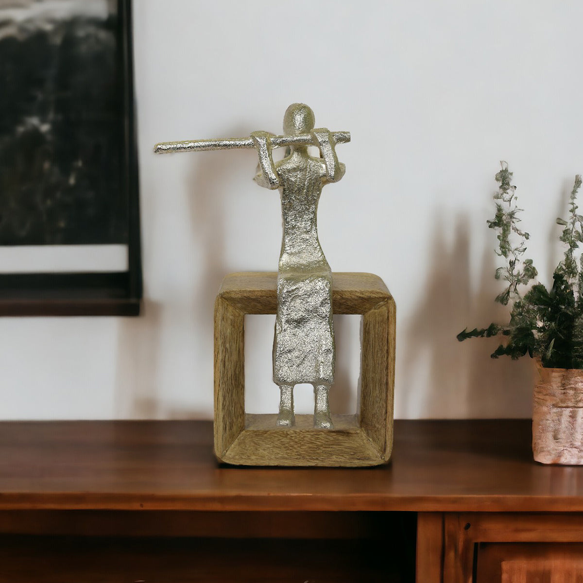 Table Decor Showpiece | Musician Playing Flute Sculpture | Silver & Brown | 21 cm By Manor House