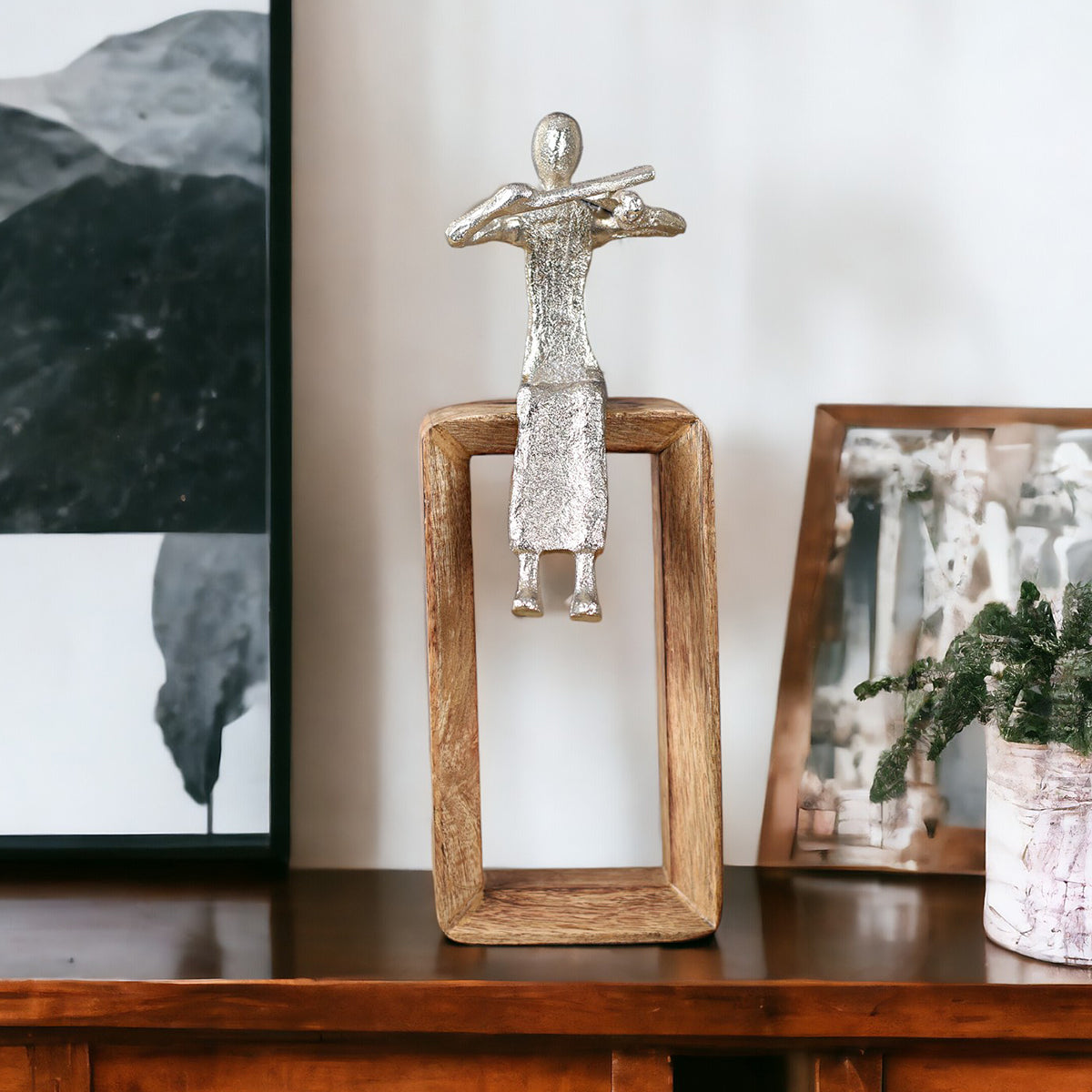 Table Decor Showpiece | Musician Playing Violin Sculpture | Silver & Brown | 30 cm By Manor House