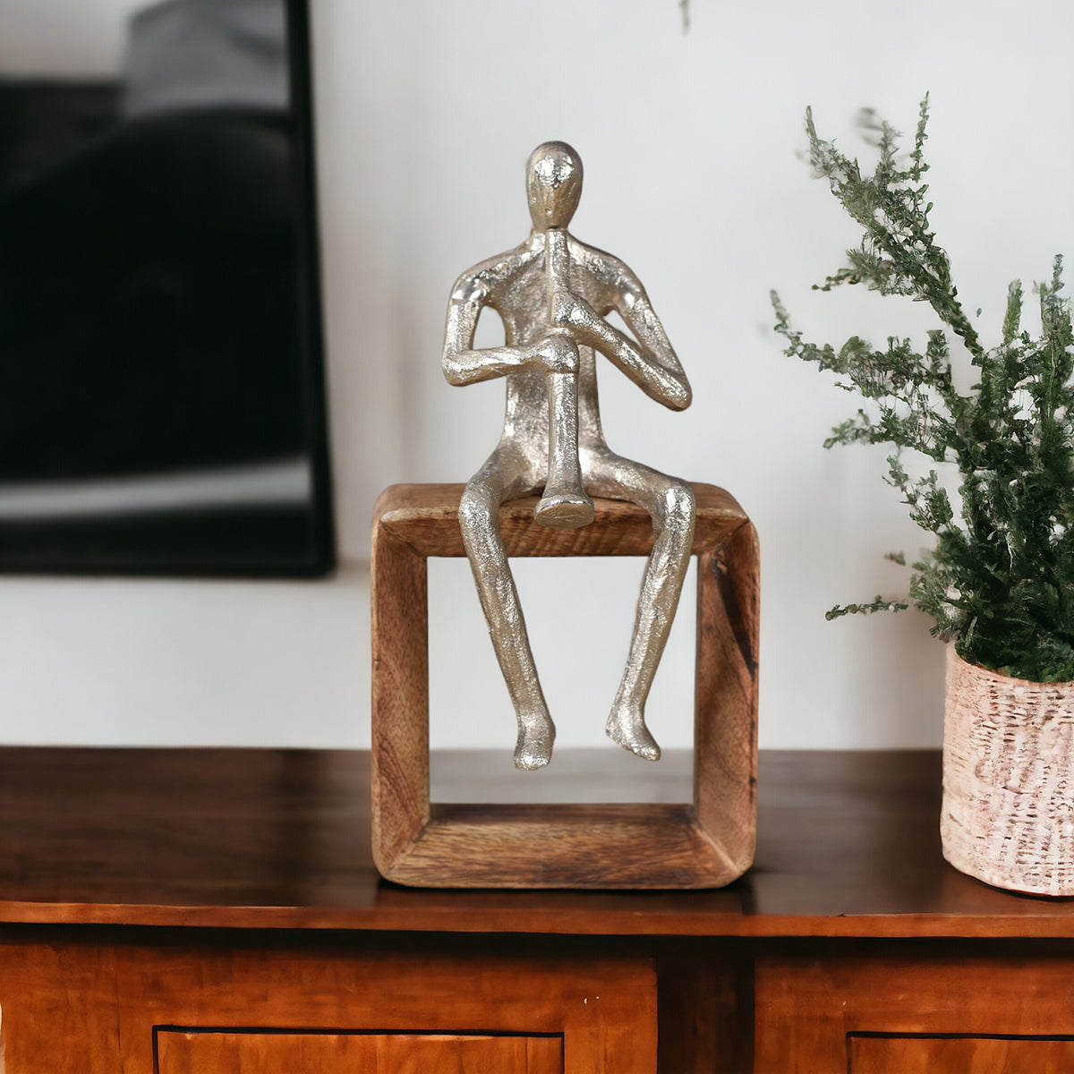 Table Decor Showpiece | Musician Playing Trumpet Sculpture | Silver & Brown | 24 cm By Manor House