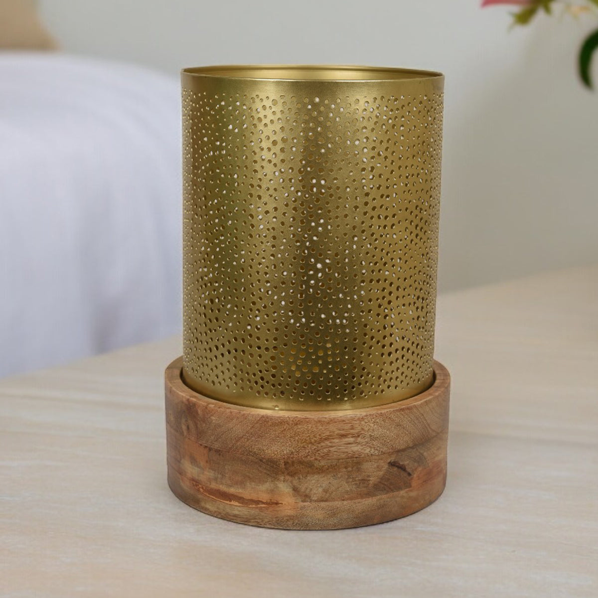 Gold Finish Jaali Candle Holder with Wooden Base
