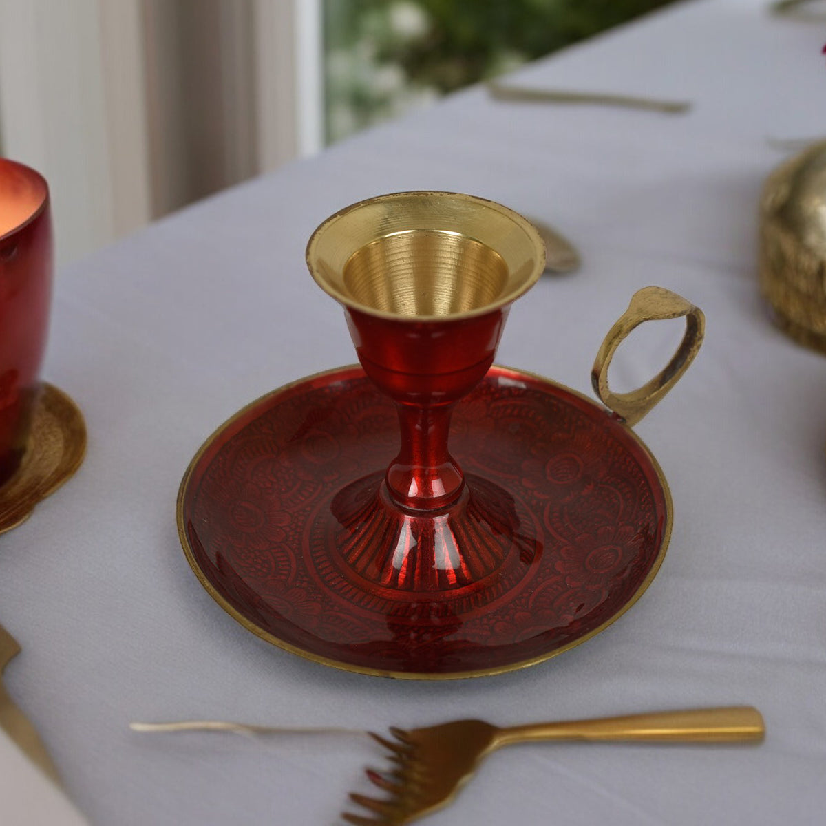 Brass Red Candle Holder - 3 Inches By Manor House