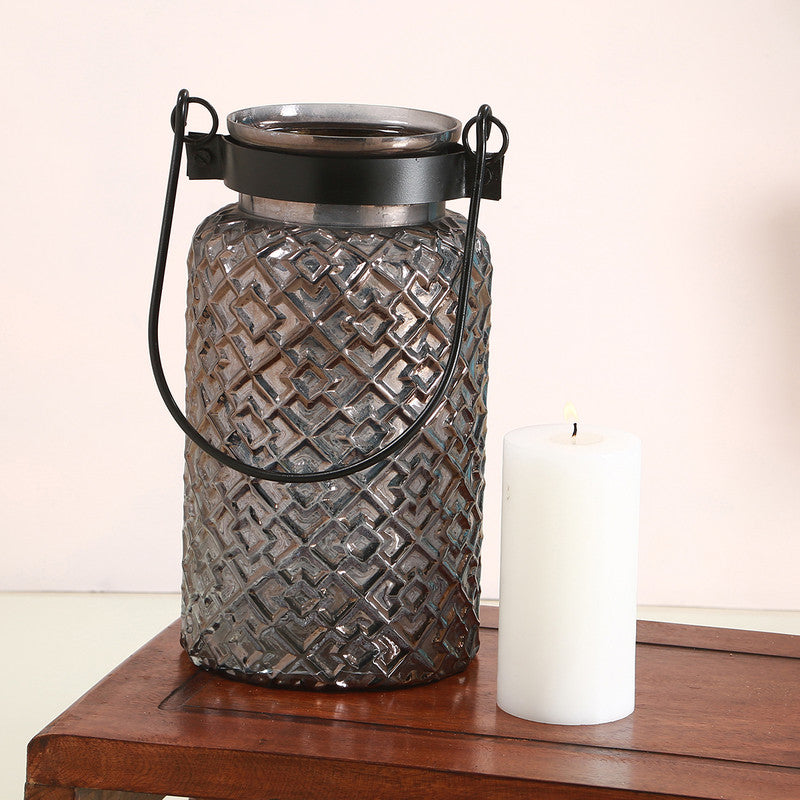 Glass & Iron Lustre Lantern | Candle Holder Stand | 12.5 inch Tall By Manor House