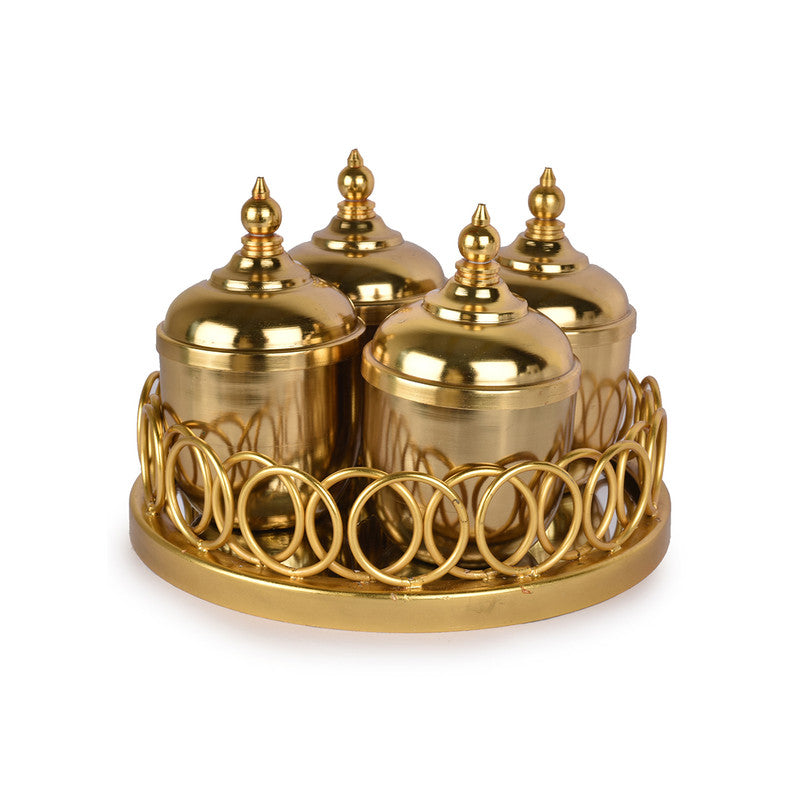 Iron Mirror Tray & Jars Set | Gold Finish | Set of 5 | 26.5x26.5x15.5 cm By Manor House