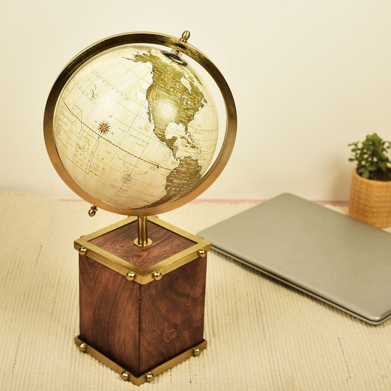 Festive Gifts | Iron & Wood Globe Showpiece | Gold Finish By Manor House