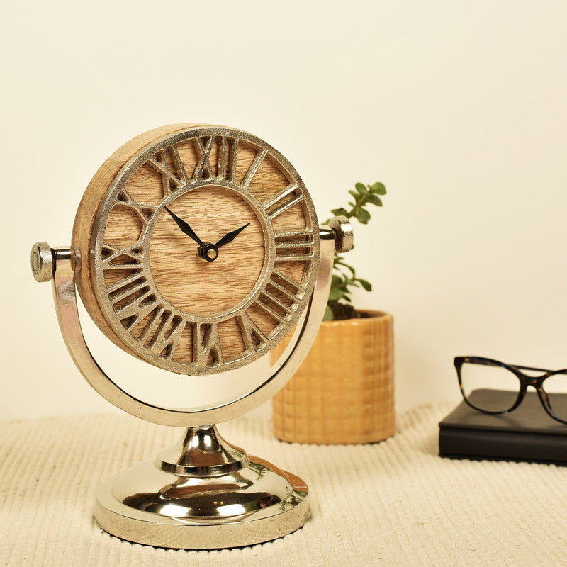 Aluminium & Wood Table Clock | Nickel Finish By Manor House
