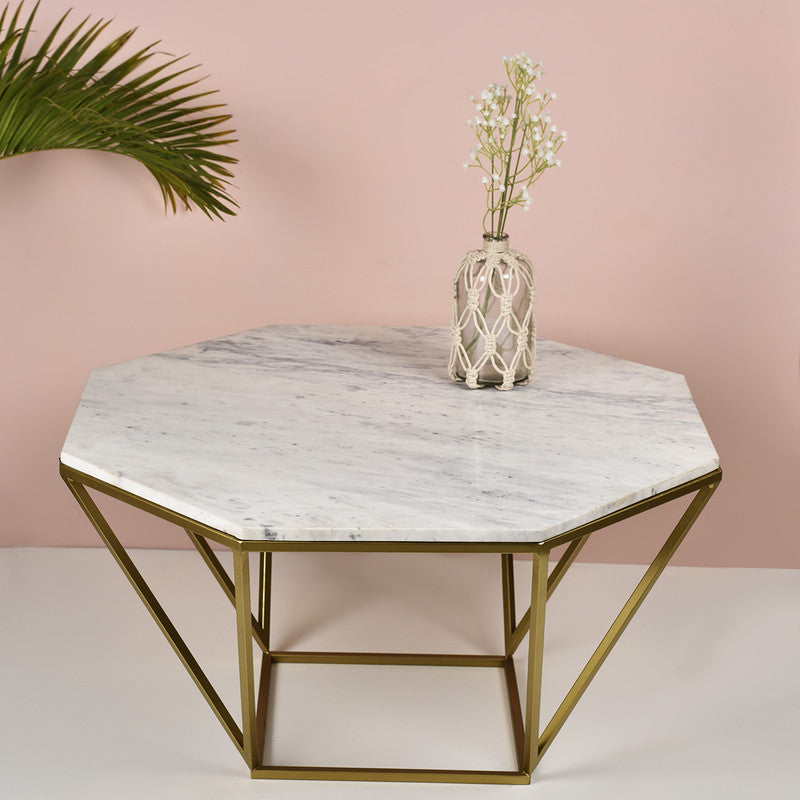 Iron & Marble Coffee Hexagon Table | Gold & White