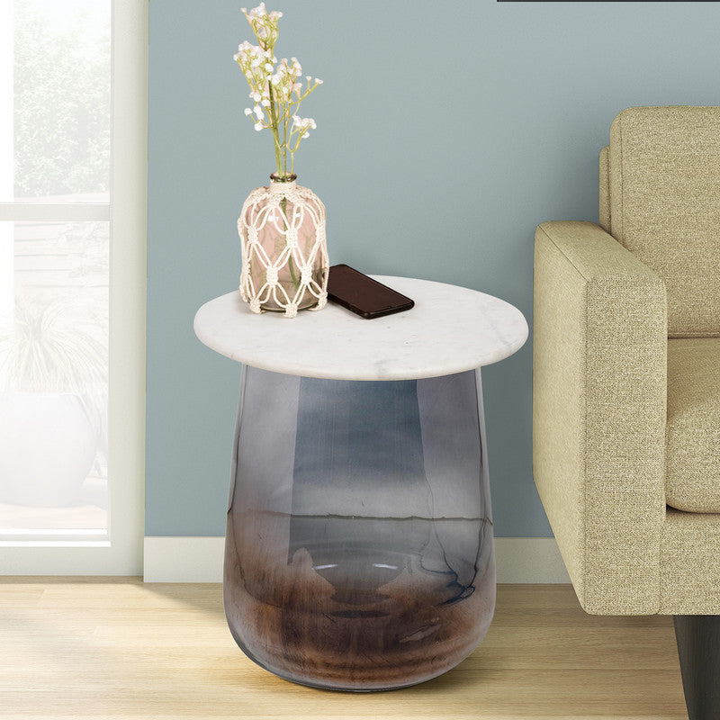 Marble Top Accent Side Table | Smokey Glass Bottom | 20 inches Tall By Manor House