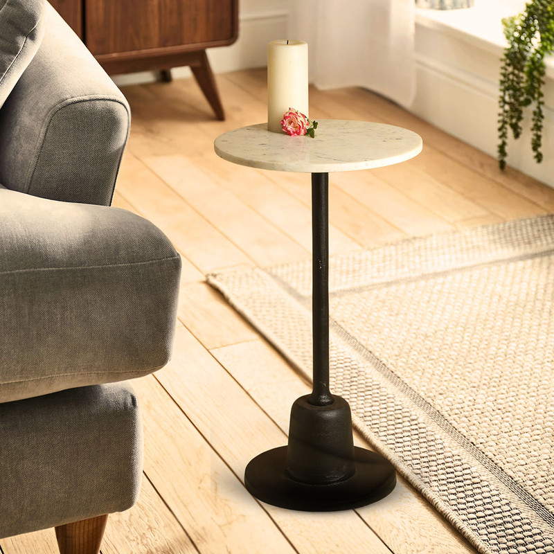 Draco Marble Top & White Stand End Table | Black By Manor House