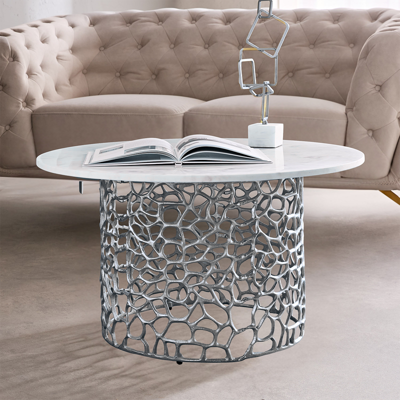 Dolce Marble Top Round Coffee Table For Living Room | Silver