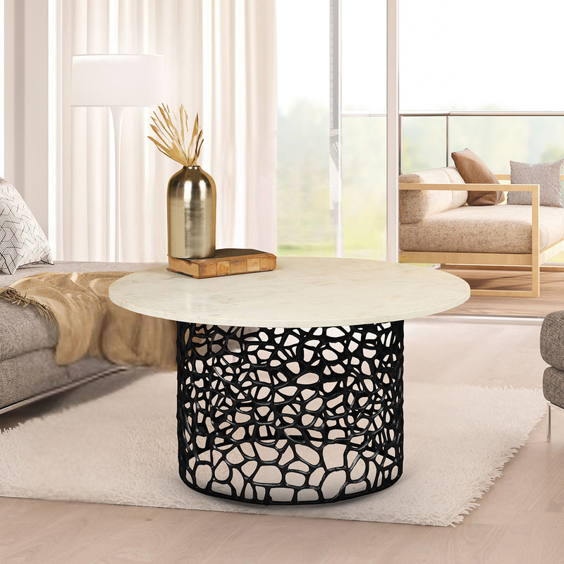 Dolce Marble Top Round Coffee Table For Living Room | Black