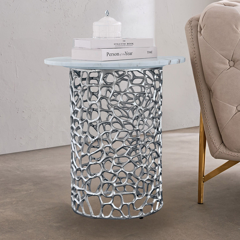 Dolce Marble Top Round End Table For Living Room | Silver