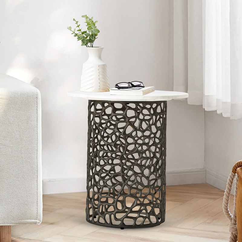 Dolce Marble Top Round End Table For Living Room | Black
