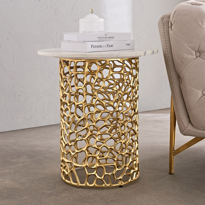 Dolce Marble Top Round End Table For Living Room | Gold