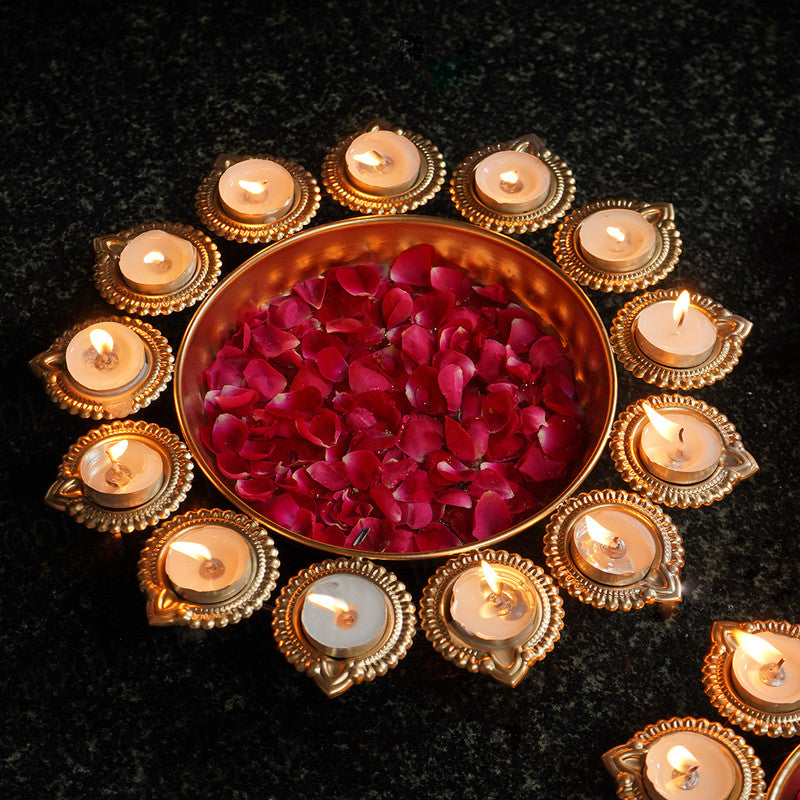 Brass Urli with Diya | Floral Pattern | Gold By My Pooja Box