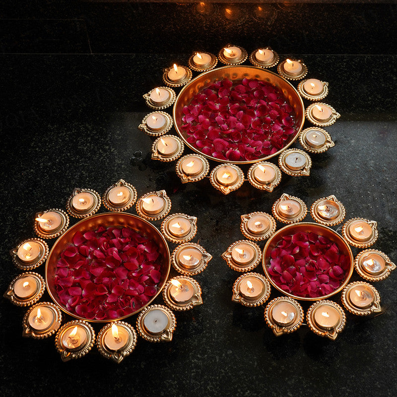 Brass Urli with Diya | Floral Pattern | Set of 3