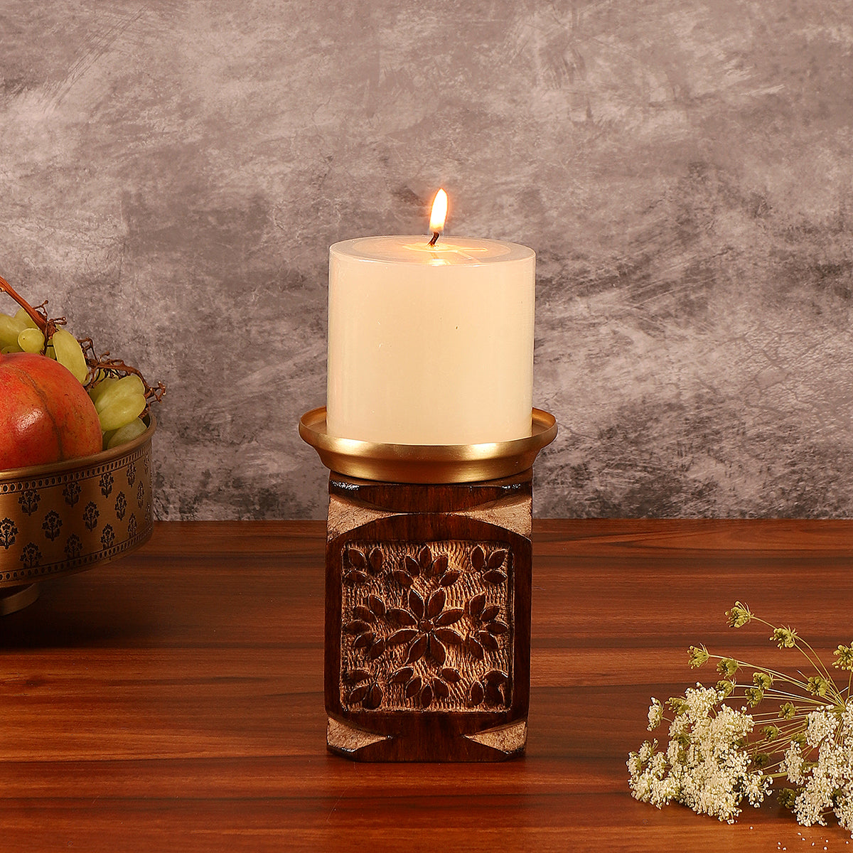 Wooden & Brass Candle Holder | Brown | 20 Inch