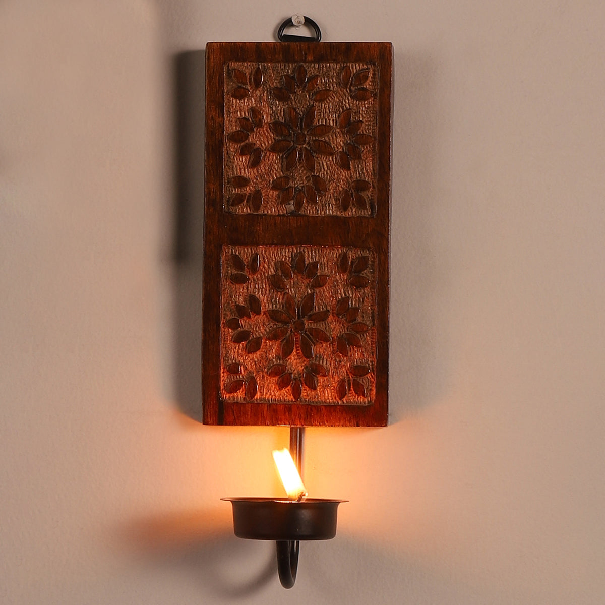 Wooden Wall Scone | Tea Light Holder | Brown | 8 cm By Nakshikathaa