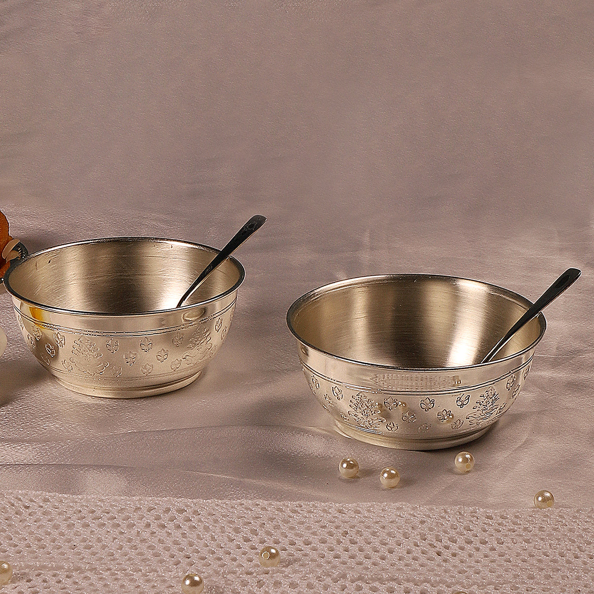 Brass Dessert Bowl | Silver Plated | 250 ml | Set of 2 By Nakshikathaa