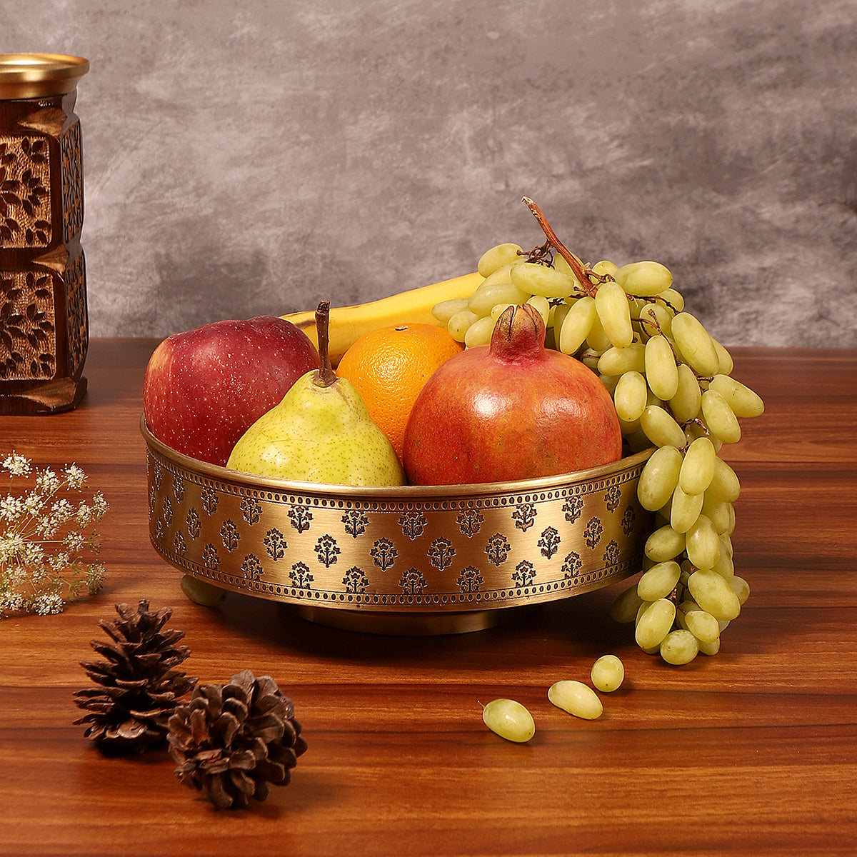 Brass Fruit Bowl with Stand | Antique Gold By Nakshikathaa