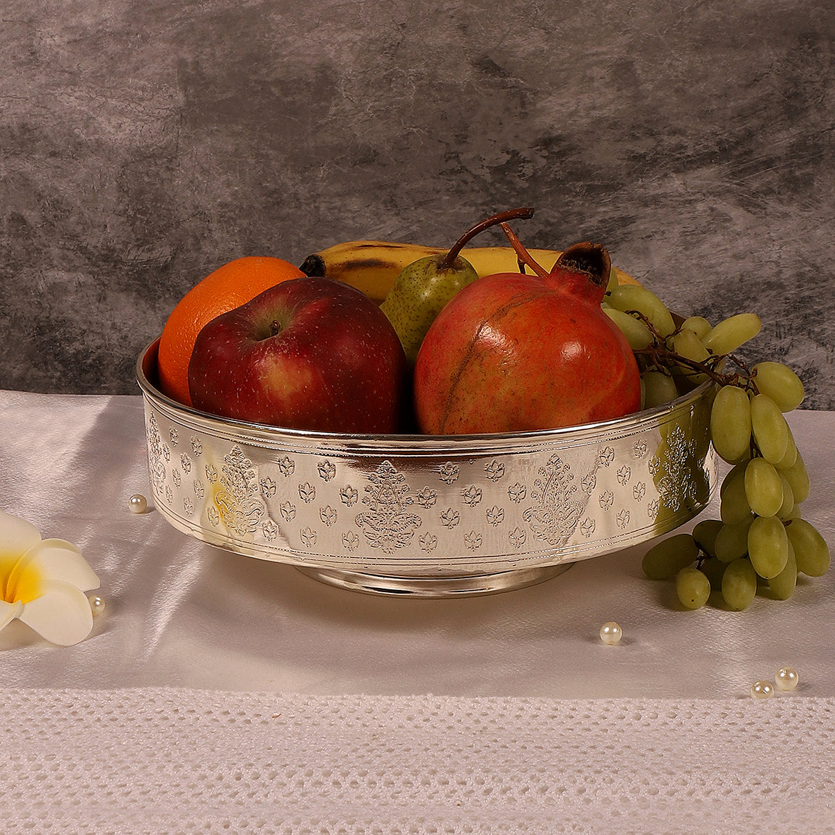 Brass Fruit Bowl with Stand | Silver Plated By Nakshikathaa