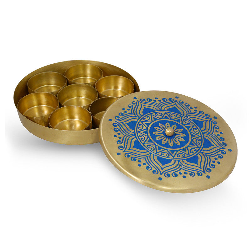 Brass Masala Box | Spice Box | Blue | 6.5x1.75 inch