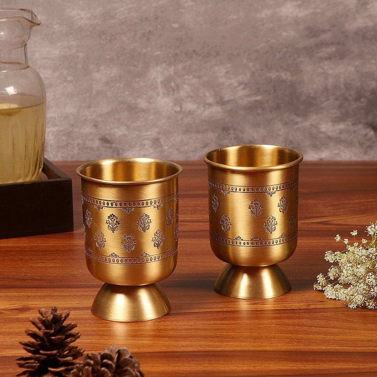 Brass Glass Set | Sharbat Glass | Antique Gold | 250 ml | Set of 2 By Nakshikathaa
