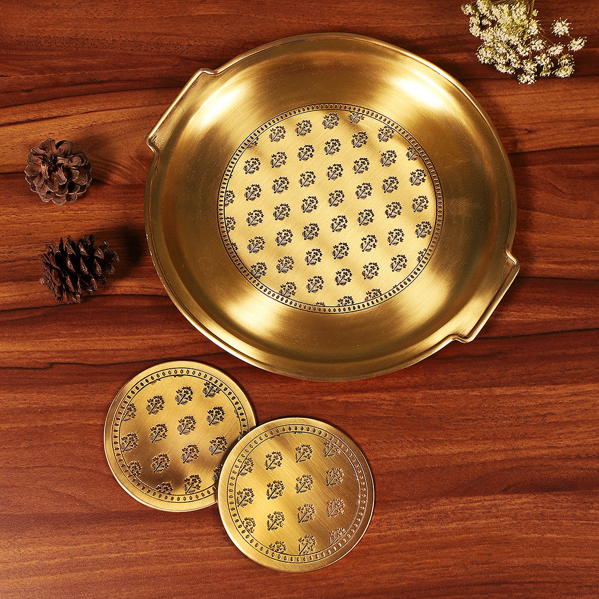 Brass Tray with Coasters | Antique Gold | Set of 3 By Nakshikathaa