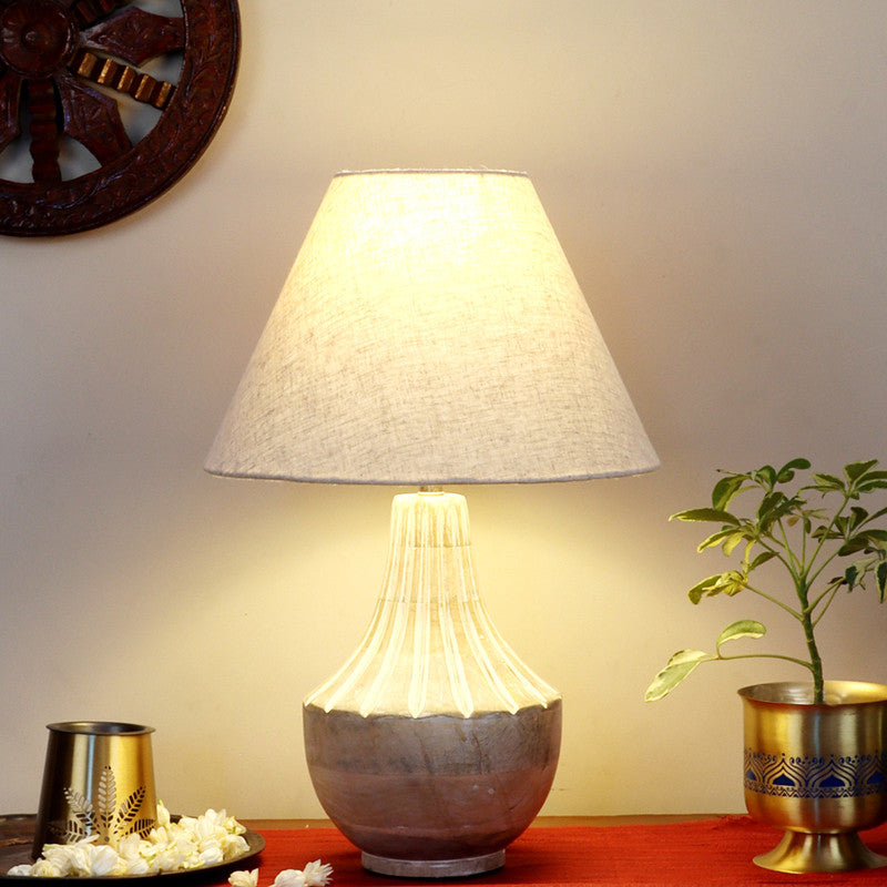 Wooden Table Lamp | Bedside Lamp | White & Beige By Nakshikathaa
