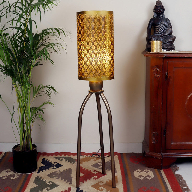 Floor Lamp | Hand Crafted Metal Standing Lamp | Gold By Nakshikathaa